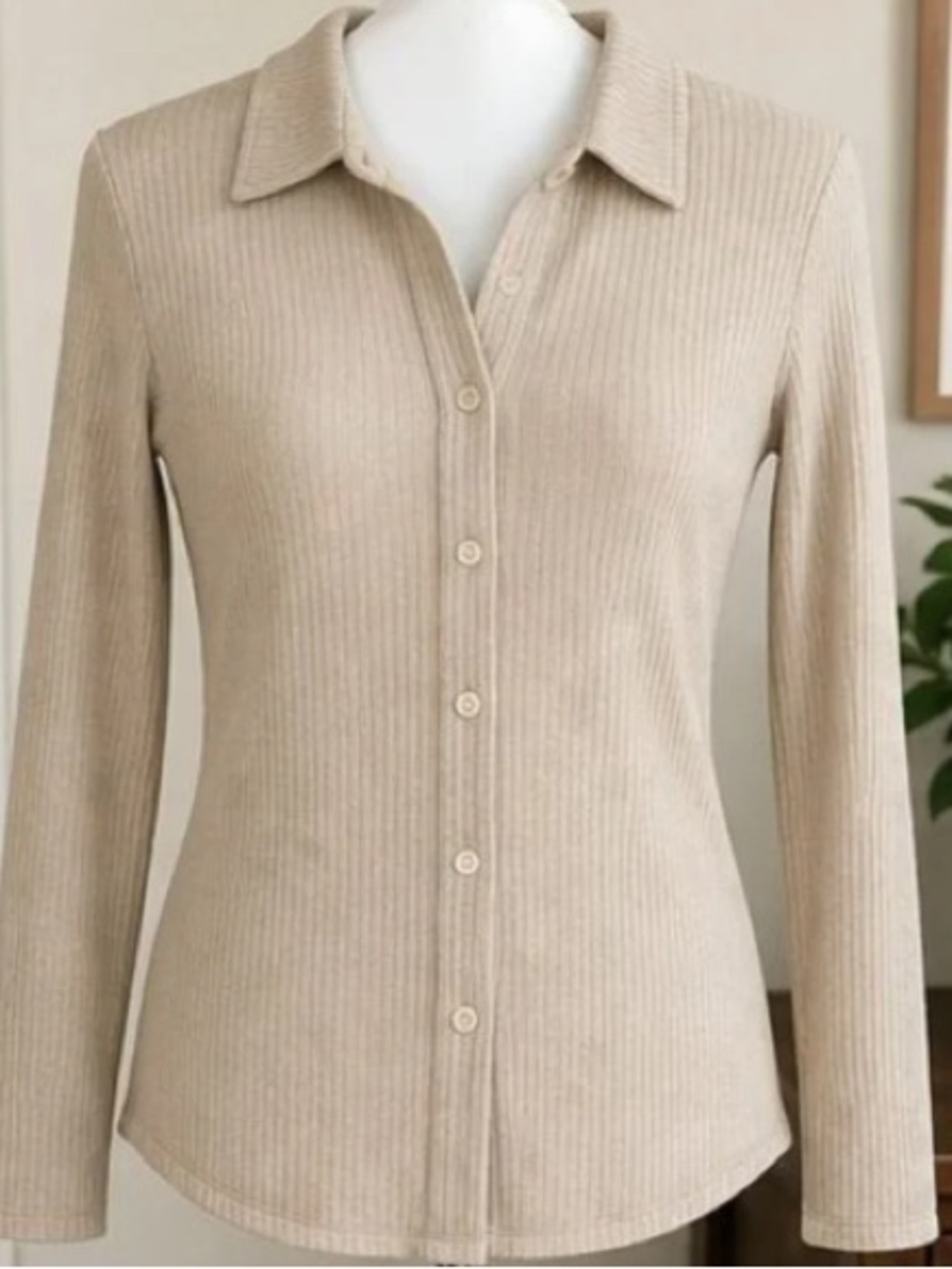 Button-Front Ribbed Collar Top in Beige